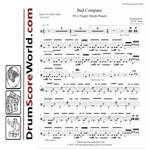 Five Finger Death Punch - Bad Company - Drum Sheet